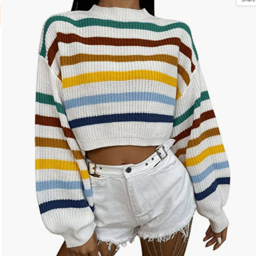 NWT Oversized Crop Lantern Sleeve Colorblock Rainbow Pride Stripe Knit Sweater